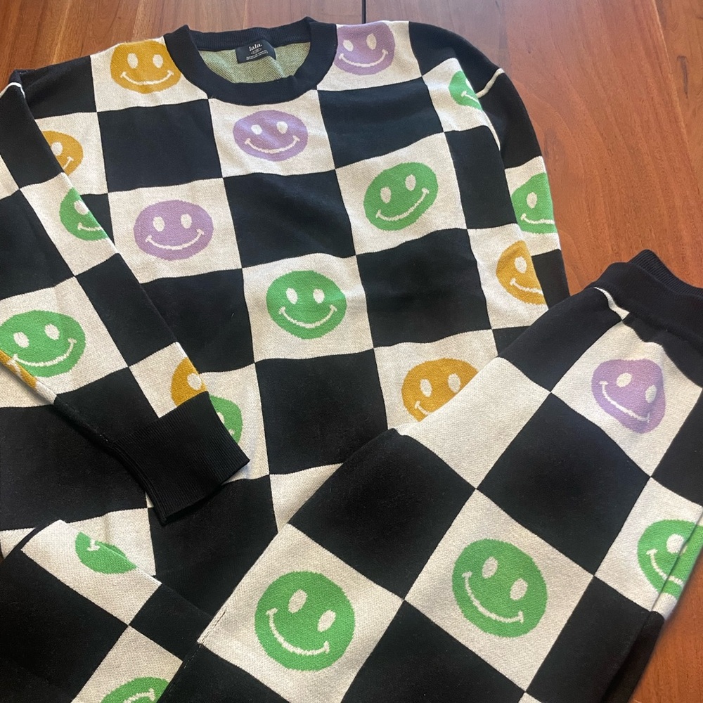 Dressed in LALA Black and White Checkered Set with Smiley Faces